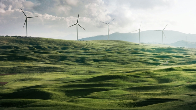 Molinos de viento en campos verdes