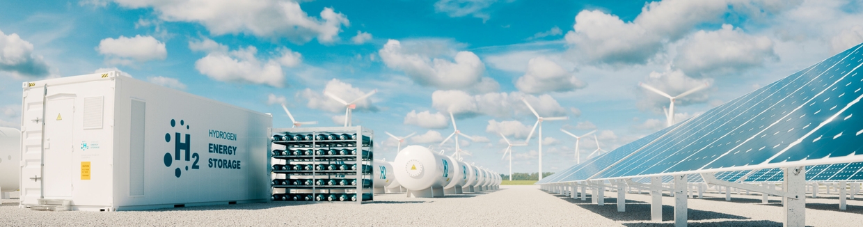 Modern hydrogen energy storage system with solar power plant and wind turbine park